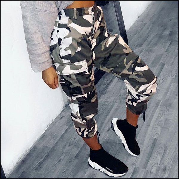 Women's Black & White Camo Cargo Pants with Drawstring