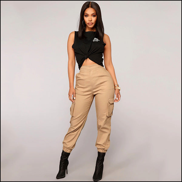 Women's Khaki High Waist Cargo Jogger Pants