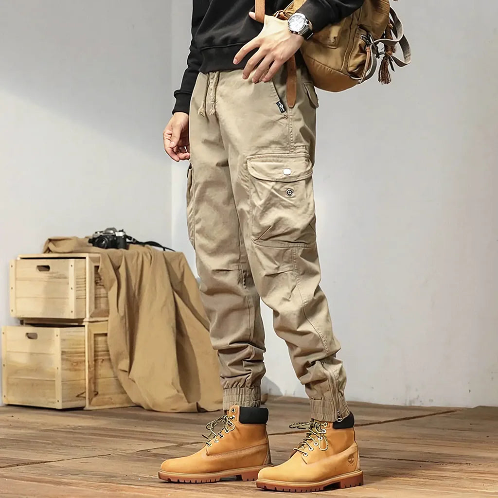 Men's Khaki Cargo Jogger Pants with Zipper Cuffs