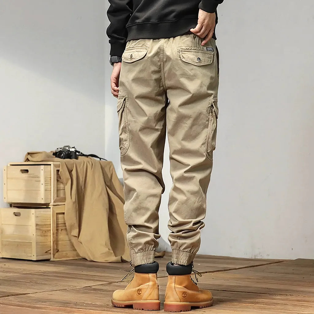 Men's Khaki Cargo Jogger Pants with Zipper Cuffs