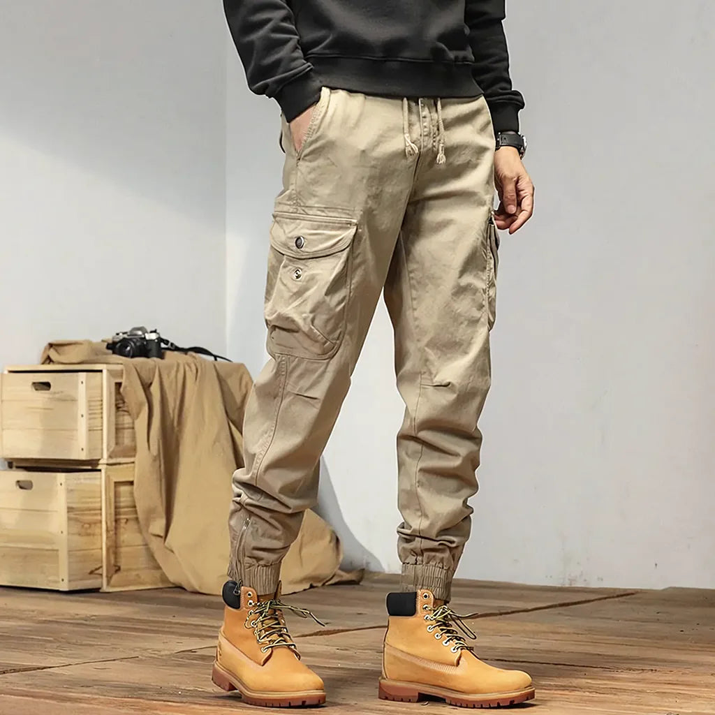 Men's Khaki Cargo Jogger Pants with Zipper Cuffs