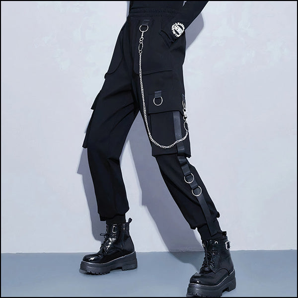 Goth Utility Cargo Pants with Detachable Chain