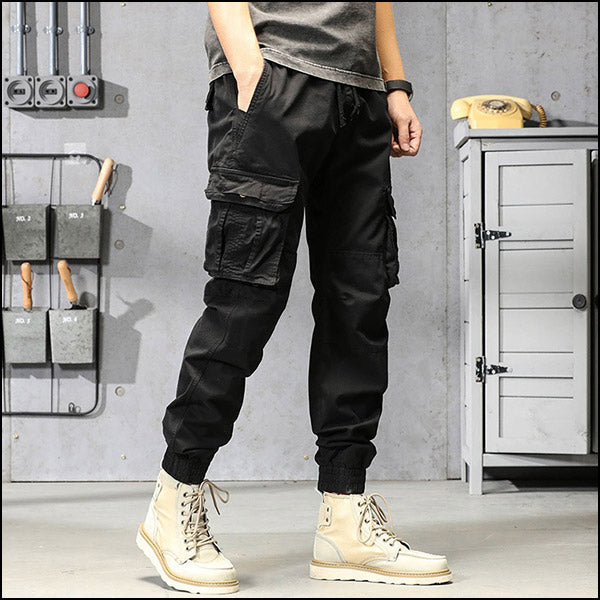 Men's Black Streetwear Cargo Joggers with Pockets