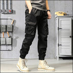 Men's Black Streetwear Cargo Joggers with Pockets