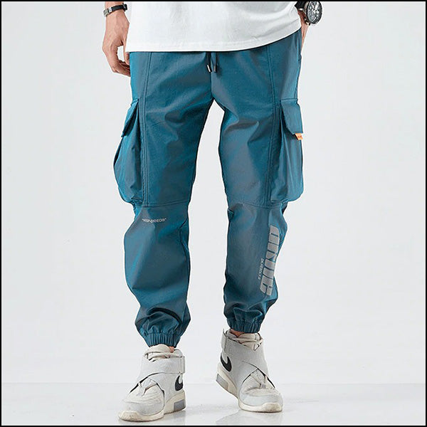 Men's Teal Blue Reflective Techwear Cargo Joggers