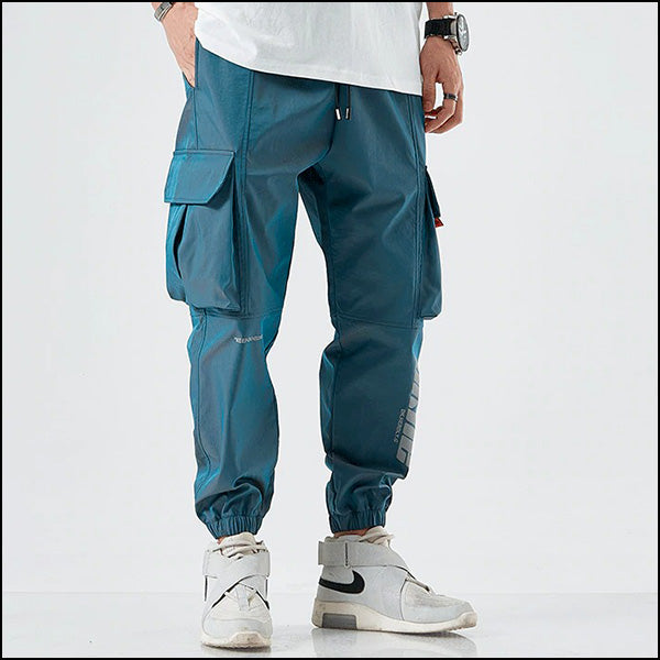 Men's Teal Blue Reflective Techwear Cargo Joggers