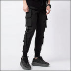 Men's Black Techwear Cargo Joggers with Straps