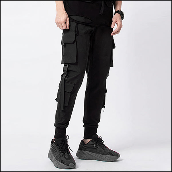Men's Black Techwear Cargo Joggers with Straps