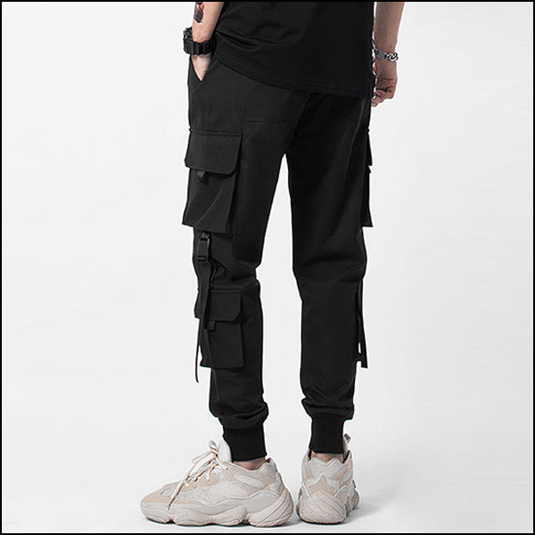 Men's Black Techwear Cargo Joggers with Straps