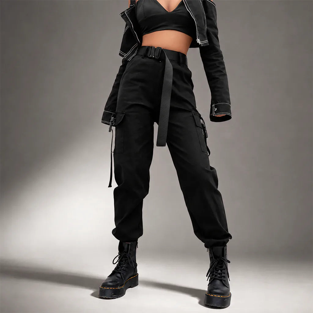 Black Techwear Cargo Jogger Pants with Buckles