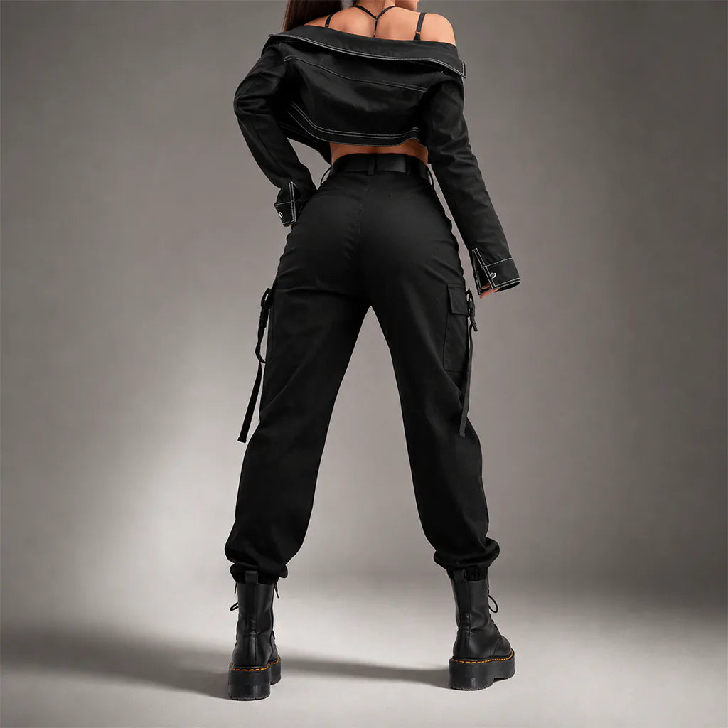 Black Techwear Cargo Jogger Pants with Buckles