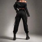 Black Techwear Cargo Jogger Pants with Buckles