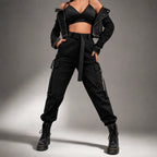 Black Techwear Cargo Jogger Pants with Buckles