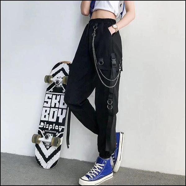 Black Utility Cargo Pants with Chain & Buckle