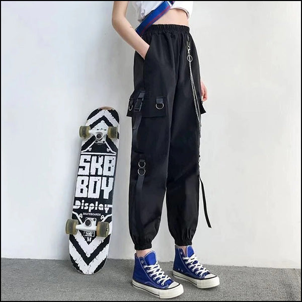 Black Utility Cargo Pants with Chain & Buckle