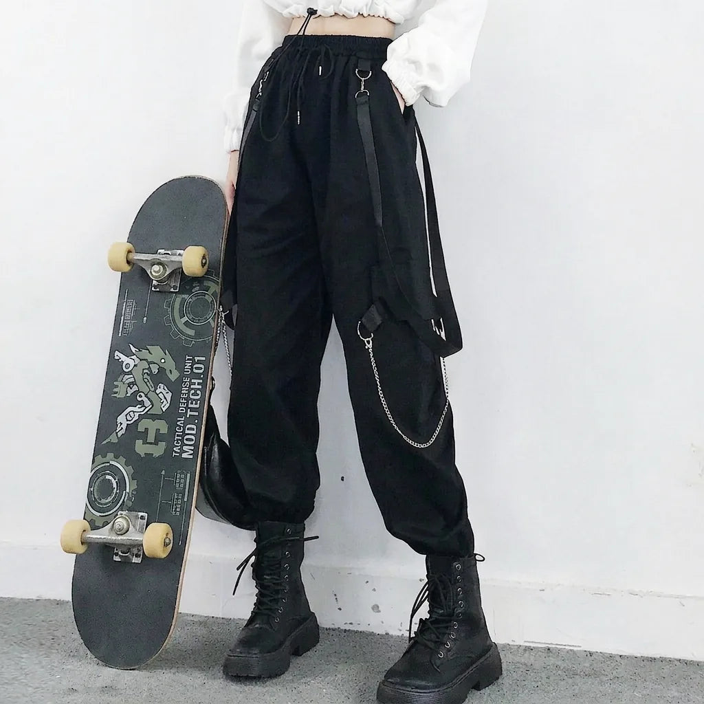 Black Cargo Jogger Pants with Straps and Chains