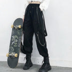 Black Cargo Jogger Pants with Straps and Chains