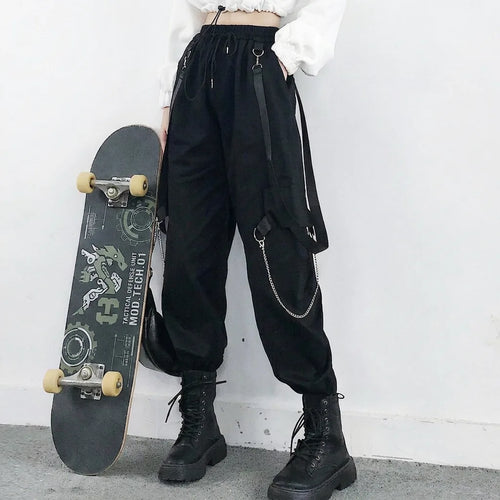 Black Cargo Jogger Pants with Straps and Chains