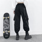 Black Cargo Jogger Pants with Straps and Chains