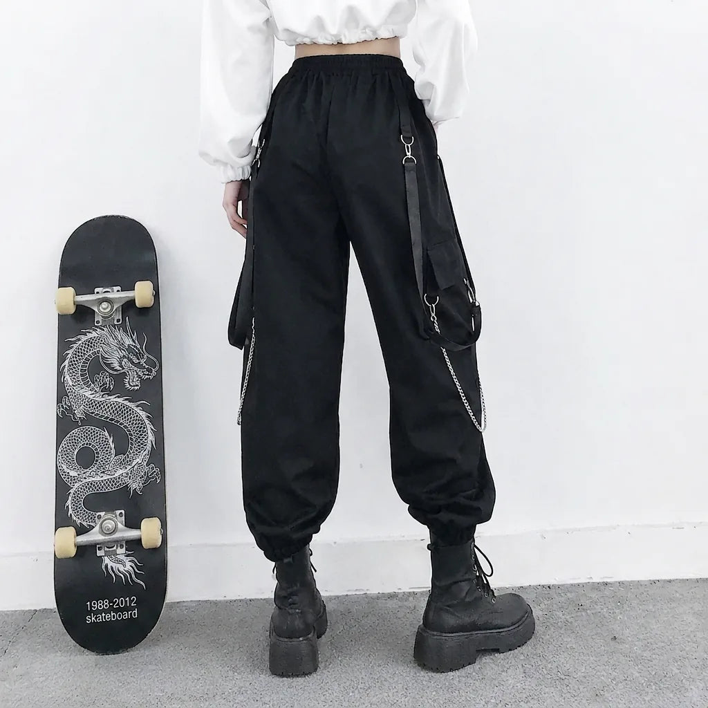 Black Cargo Jogger Pants with Straps and Chains