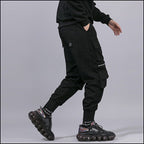 Men's Black Techwear Cargo Joggers with Zippers