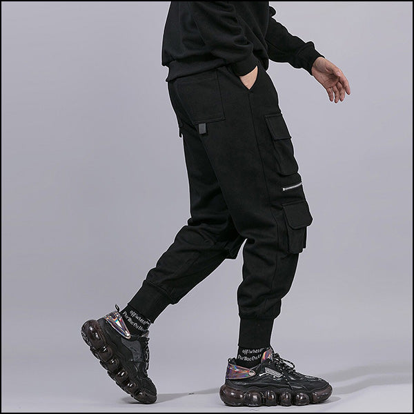 Men's Black Techwear Cargo Joggers with Zippers