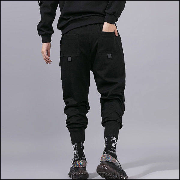 Men's Black Techwear Cargo Joggers with Zippers