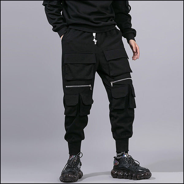 Men's Black Techwear Cargo Joggers with Zippers