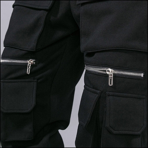 Men's Black Techwear Cargo Joggers with Zippers