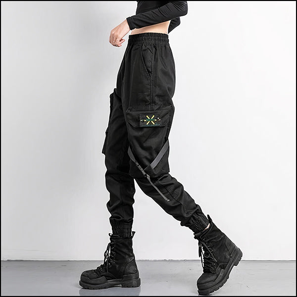 Women's Black Streetwear Cargo Joggers with Straps