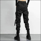Women's Black Streetwear Cargo Joggers with Straps