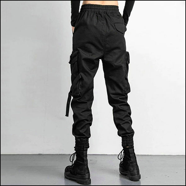 Women's Black Streetwear Cargo Joggers with Straps