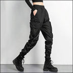 Women's Black Streetwear Cargo Joggers with Straps