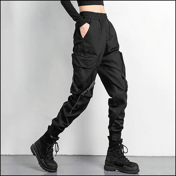 Women's Black Streetwear Cargo Joggers with Straps