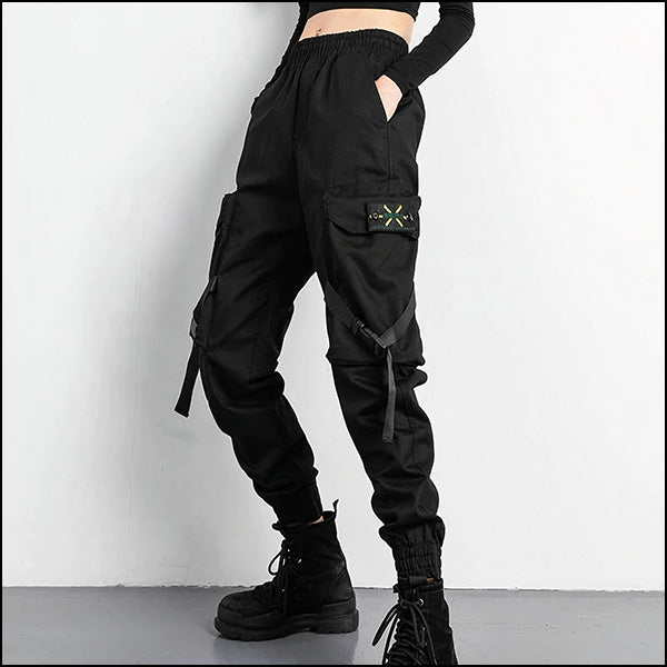 Women's Black Streetwear Cargo Joggers with Straps