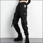 Women's Black Streetwear Cargo Joggers with Straps