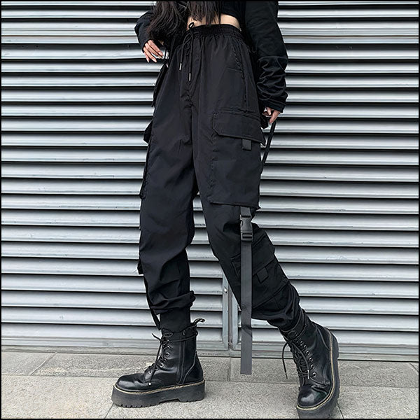 Women's Black Techwear Cargo Pants with Utility Straps