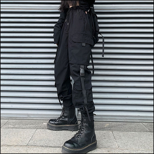 Women's Black Techwear Cargo Pants with Utility Straps