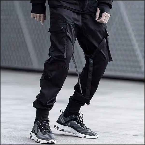 Men's Black Techwear Cargo Pants with Straps