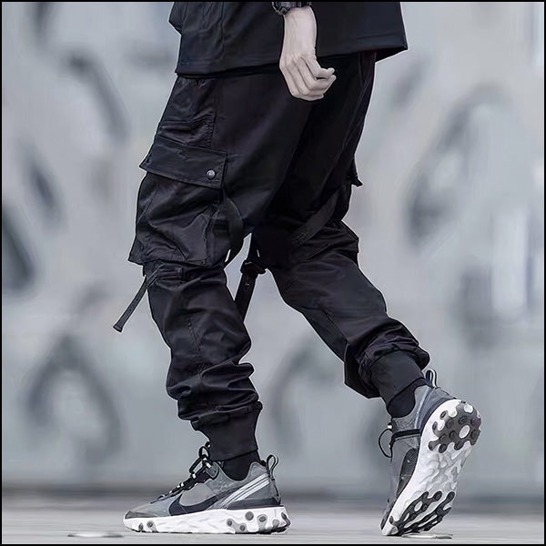 Men's Black Techwear Cargo Pants with Straps