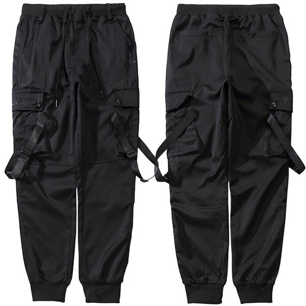 Men's Black Techwear Cargo Pants with Straps