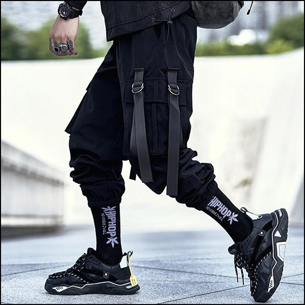 Men's Black Techwear Cargo Joggers with D-Rings