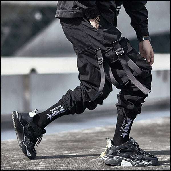 Men's Black Techwear Cargo Joggers with D-Rings