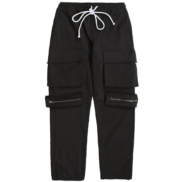 Men's Black Multi-Pocket Cargo Pants with Snaps