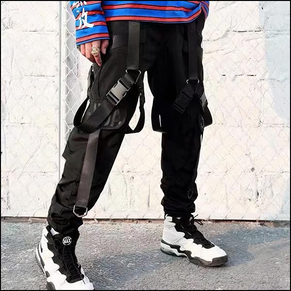 Men's Black Techwear Cargo Pants with Buckle Straps
