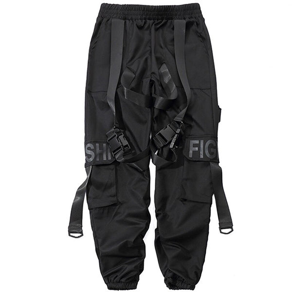 Men's Black Techwear Cargo Pants with Buckle Straps