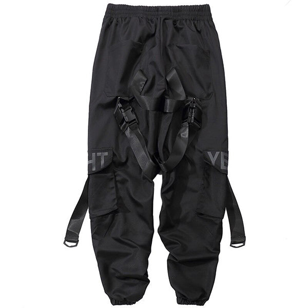 Men's Black Techwear Cargo Pants with Buckle Straps