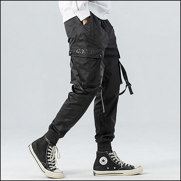 Men's Black Techwear Cargo Joggers with Buckle Straps