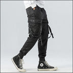 Men's Black Techwear Cargo Joggers with Buckle Straps