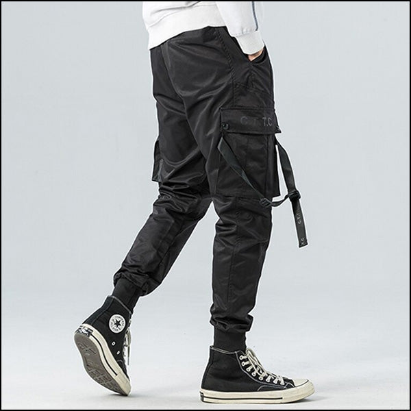 Men's Black Techwear Cargo Joggers with Buckle Straps